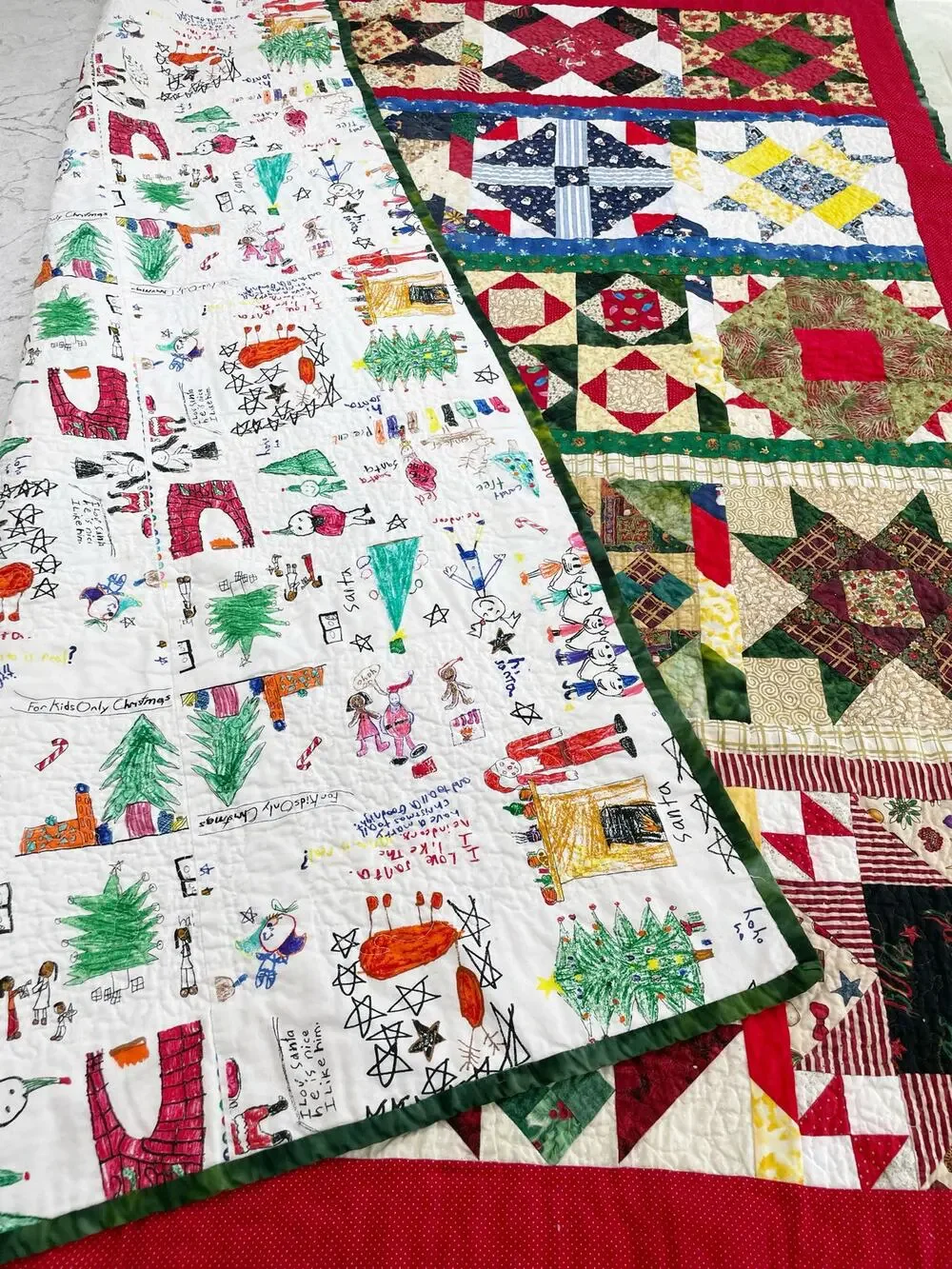 Handmade Quilt Kids Christmas Drawings Star Pattern Reversible 60x53”